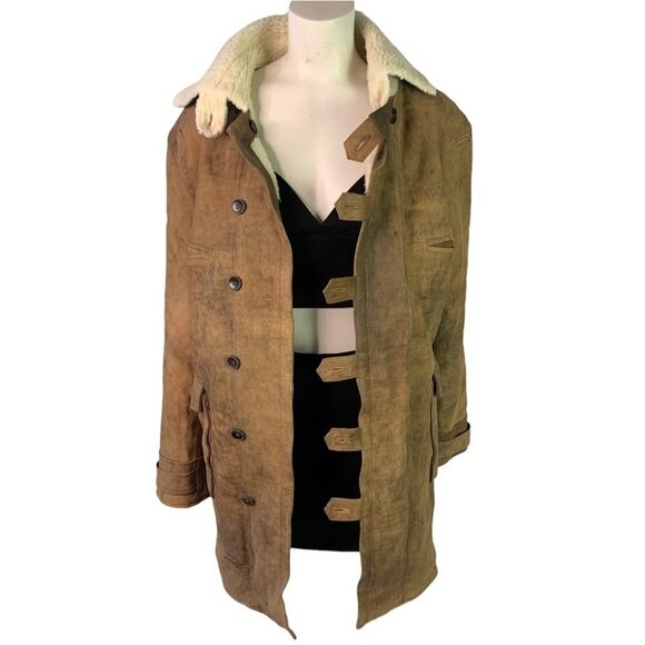 BROWN LONG WINTER  COAT FAUX LEATHER COAT FAUX SHEARLING REVERSIBLE COAT LARGE - Picture 1 of 11